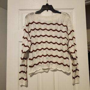 Women's White and Brown Scallop Striped Pointelle Knit Long Sleeve Sweater S/M